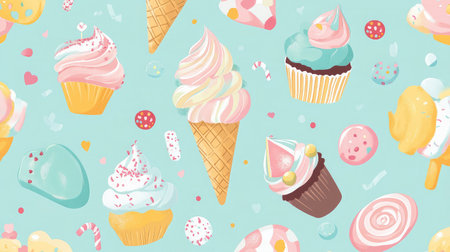 A vibrant and fun pattern featuring various ice cream treats, cupcakes, and candies set against a soft turquoise background, perfect for playful designs and children's themes.の素材