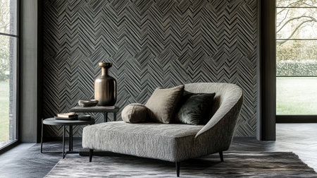 A beautifully designed living room showcases a modern chaise lounge paired with textured cushions and elegant decor, all illuminated by natural light.の素材