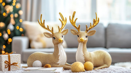 Beautiful reindeer figurines adorned with gold accents, perfect for enhancing the festive atmosphere in a cozy living space during the holiday season.の素材