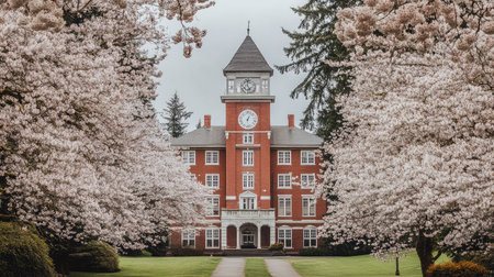 A stunning view of a historic building with a clock tower flanked by beautiful cherry blossom trees, creating a serene and peaceful atmosphere on a vibrant spring day.の素材