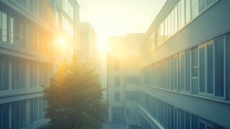 A peaceful urban scene capturing soft sunlight filtering through modern buildings, illuminating a lone tree in a calm alleyway, evoking tranquility and serenity.の素材