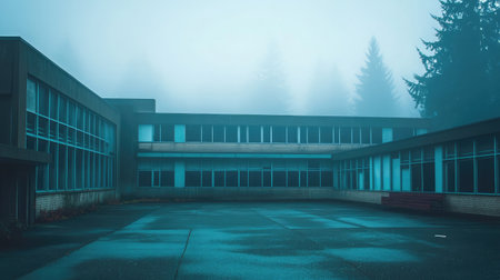 Explore a hauntingly serene scene of an abandoned school building enveloped in fog, showcasing an atmosphere of isolation and mystery, perfect for evoking nostalgia and intrigue.の素材