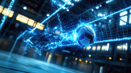 A mesmerizing illustration of a soccer ball striking the net, surrounded by vibrant electric energy, symbolizing the thrill and excitement of competitive sports and teamwork.の素材