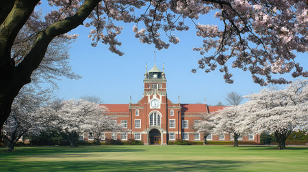 A tranquil scene capturing blooming cherry blossom trees framing a historic academic building, creating a picturesque view under a sunny blue sky in springtime.の素材