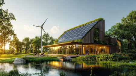 Discover a stunning modern eco-friendly house featuring solar panels and a wind turbine, harmoniously set in a lush natural landscape, promoting sustainable living.の素材