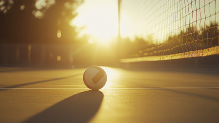 A serene volleyball resting on the court during sunset, casting long shadows and bathing the scene in warm light, inviting players to enjoy outdoor sports activities.の素材