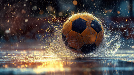 A vibrant soccer ball splashes through puddles during a rain shower, capturing the essence of outdoor play and excitement that comes with energetic sports activities.の素材