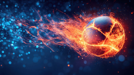 A vibrant and dynamic basketball image showcasing motion with flames and sparks, capturing the spirit of sport and the excitement of competitive gameplay. Perfect for sports themes.の素材
