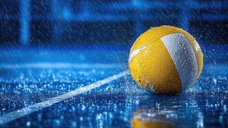 A vibrant yellow volleyball sits on a wet surface, glistening with raindrops during a stormy moment, capturing the essence of outdoor sports and play in nature's elements.の素材