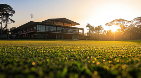 A stunning golf clubhouse captured at sunrise, featuring vibrant green turf and set against a backdrop of trees, perfect for golf lovers seeking relaxation and tranquility in nature.の素材