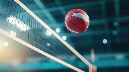 A vibrant red volleyball captured in mid-air above a net, symbolizing athletic competition and excitement, ideal for sports-related themes and energetic concepts.の素材