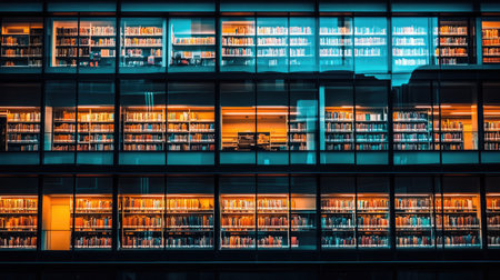A captivating view of a contemporary library's glass facade showcases illuminated bookshelves, creating a warm and inviting atmosphere for study and learning in an urban environment.の素材