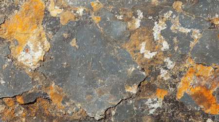 A closeup image of a textured rock surface displaying unique gray and orange patterns, ideal for use in nature-themed projects and abstract backgrounds.の素材