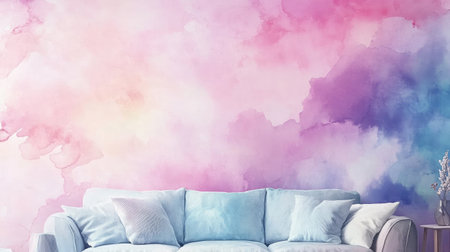 A serene living room scene featuring a soft couch against a beautifully painted pastel watercolor wall, creating a calming and inviting atmosphere ideal for home decor inspiration.の素材