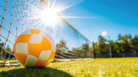 A brightly colored soccer ball rests near a goal on a sunlit field, capturing the essence of a vibrant day filled with outdoor sports and active play.の素材