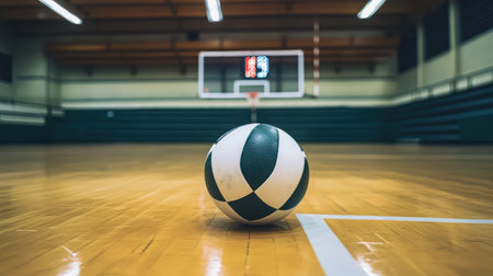 A vibrant indoor gym features a green and white volleyball resting on the polished hardwood floor, with an empty basketball court and scoreboard visible in the background.の素材