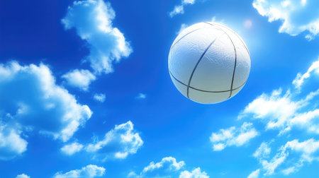 A vibrant basketball captured in mid-air against a stunning blue sky, surrounded by fluffy white clouds and bathed in warm sunlight, creating an energetic and uplifting atmosphere.の素材