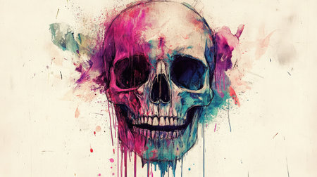 This vibrant and captivating skull artwork features colorful splashes, perfect for adding a modern and artistic touch to design projects, decor, or personal expressions.の素材