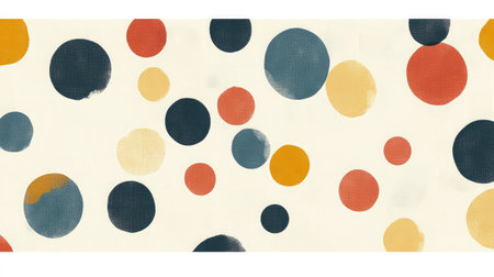 This colorful abstract pattern features playful circles of varying sizes on a creamy background, perfect for modern decor, textiles, or artistic projects.の素材