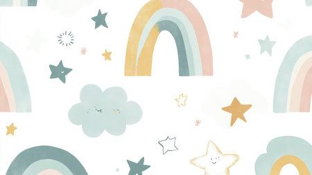 A delightful pattern of rainbows, stars, and clouds in soft pastel colors, perfect for children's rooms, invitations, and creative projects, fostering imagination and warmth.の素材