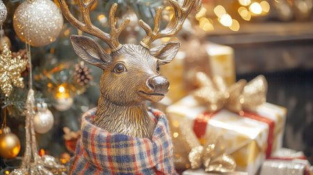 A charming decorative deer statue wrapped in a cozy blanket sits near beautifully wrapped gifts under a sparkling Christmas tree, creating a warm holiday atmosphere.の素材
