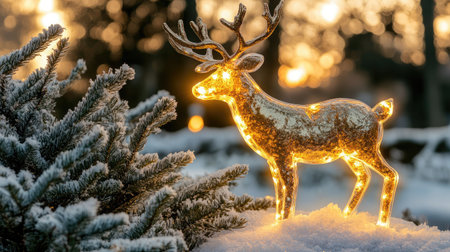 A beautifully lit reindeer figurine stands gracefully against a stunning sunset backdrop, creating a magical winter scene perfect for holiday decorations and festive photography.の素材
