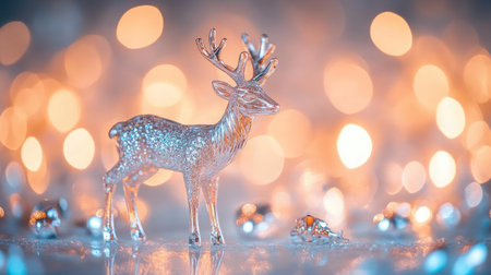 A beautifully crafted glass reindeer stands out against a backdrop of blurred golden lights, embodying the magic of the holiday season and perfect for any festive display.の素材