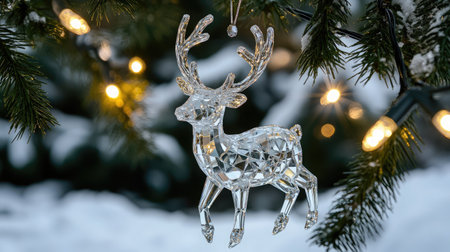 A stunning crystal reindeer ornament hanging on an evergreen branch, illuminated by soft fairy lights, set against a snowy background, embodying holiday magic and joy.の素材