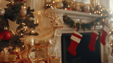 A stunning holiday scene featuring a golden reindeer surrounded by beautifully wrapped gifts, a decorated Christmas tree, and a cozy fireplace setting, perfect for festive inspiration.の素材