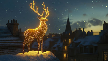 A beautifully illuminated reindeer stands on a snow-covered rooftop, radiating holiday cheer under a starry sky, creating a magical winter scene.の素材