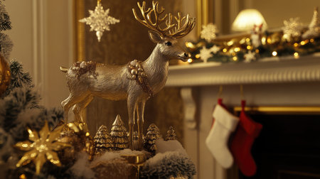 A stunning golden reindeer ornament elegantly placed among Christmas decorations, enhances the warm and inviting atmosphere of a festive living room setting.の素材