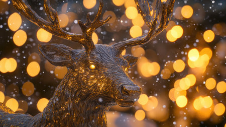 A stunning reindeer sculpture radiating golden hues amidst a snowfall, set against a backdrop of festive bokeh lights, evoking holiday magic and charm.の素材