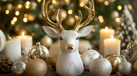 A stunning white deer bust with golden antlers creates a festive ambiance, surrounded by shimmering ornaments and soft candlelight, perfect for holiday decoration.の素材