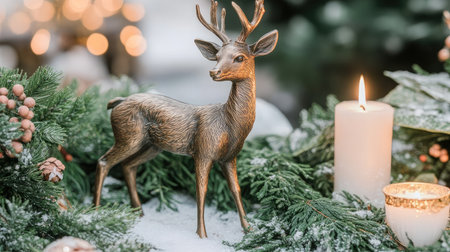 Exquisite bronze deer figurine adorned with winter greenery and soft snow, perfect for adding a touch of elegance to holiday decorations and creating a warm ambiance.の素材