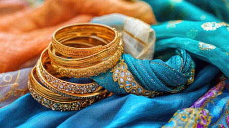A stunning display of traditional bangles and luxurious textiles feature vivid colors and intricate designs, symbolizing elegance and cultural heritage in jewelry and fashion.の素材