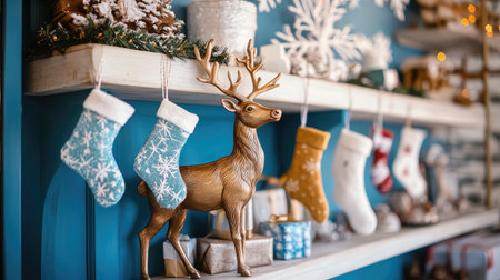 A stunning Christmas shelf scene with a golden reindeer, colorful stockings, and elegant decorations, creating a cozy and festive atmosphere for the holiday season.の素材