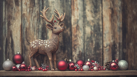 A charming reindeer figurine stands gracefully on a wooden shelf, surrounded by an assortment of vibrant red and gold ornaments, capturing the essence of the festive season.の素材