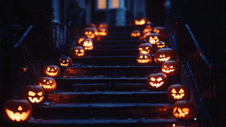 An enchanting Halloween scene featuring beautifully carved jack-o'-lanterns glowing softly on stone steps, casting warm light in the dusk. Perfect for autumn celebrations.の素材