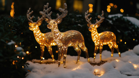 Capture the enchanting beauty of illuminated reindeer figurines nestled in soft snow, radiating warmth and cheer amidst a backdrop of twinkling lights for the perfect holiday scene.の素材