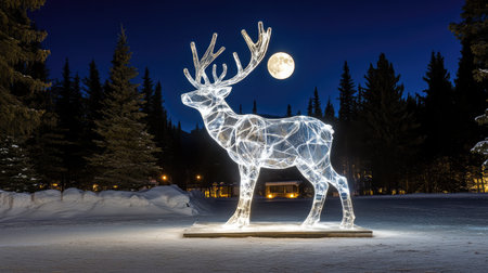 A stunning reindeer sculpture illuminated with lights stands tall against a snowy backdrop under a full moon, creating a magical winter scene perfect for holiday celebrations.の素材