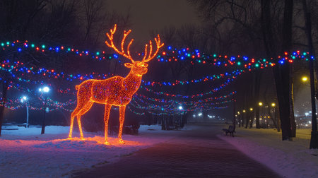 A stunning illuminated reindeer stands in a snowy park, surrounded by colorful string lights, creating a magical winter scene perfect for holiday festivities.の素材