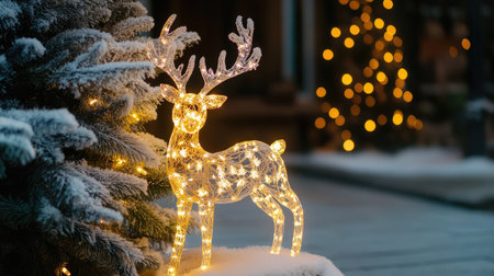 A charming illuminated reindeer stands gracefully in the snow beside evergreen trees decorated with holiday lights, creating a magical winter scene perfect for festive celebrations.の素材