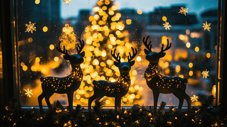 A cozy holiday scene featuring illuminated reindeer in a window, with a beautifully decorated Christmas tree in the background, radiating festive charm.の素材