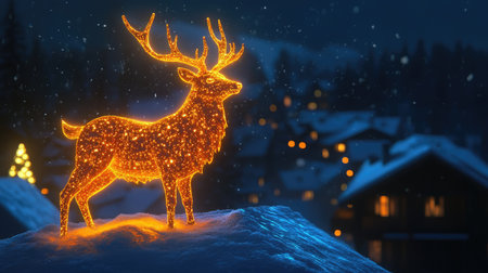 A stunning glowing reindeer stands on a snowy hill, radiating festive cheer with bright lights against a cozy winter village backdrop, creating a magical holiday atmosphere.の素材
