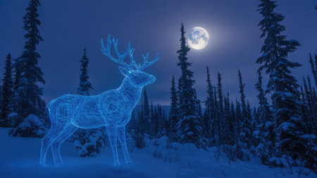 Enchanting winter scene of a glowing wireframe deer silhouette under a bright moon, surrounded by snow-covered pine trees, creating a serene and magical atmosphere.の素材