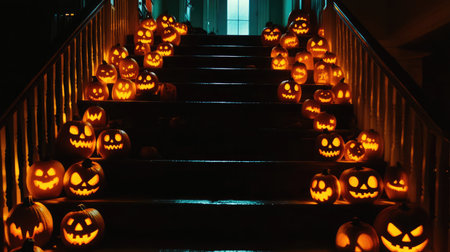 A stunning display of glowing jack-o'-lanterns fills a dark staircase, creating a magical yet spooky ambiance perfect for Halloween celebrations and festive gatherings.の素材