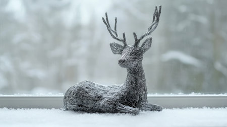 This stunning wire deer sculpture rests gracefully in a snowy setting, offering a charming and tranquil focal point for winter decor and holiday inspiration.の素材