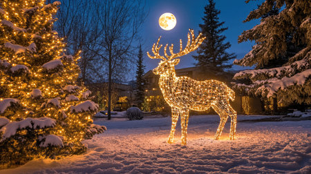 A breathtaking winter scene showcasing a glowing reindeer sculpture surrounded by snow-covered trees, lit beautifully under a full moon, perfect for holiday inspiration.の素材
