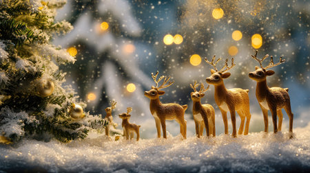 A charming display of vintage reindeer figurines amidst a snowy landscape with glimmering lights, creating a cozy and magical holiday spirit perfect for festive decor.の素材