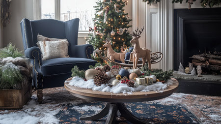 Embrace the warmth of the season with this cozy living room scene featuring a beautifully decorated Christmas tree, a festive table arrangement, and a charming ambiance.の素材